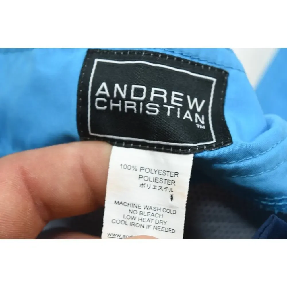 Andrew Christian Navy Blue Swim Trunks with Light Blue, White, and Yellow Trim